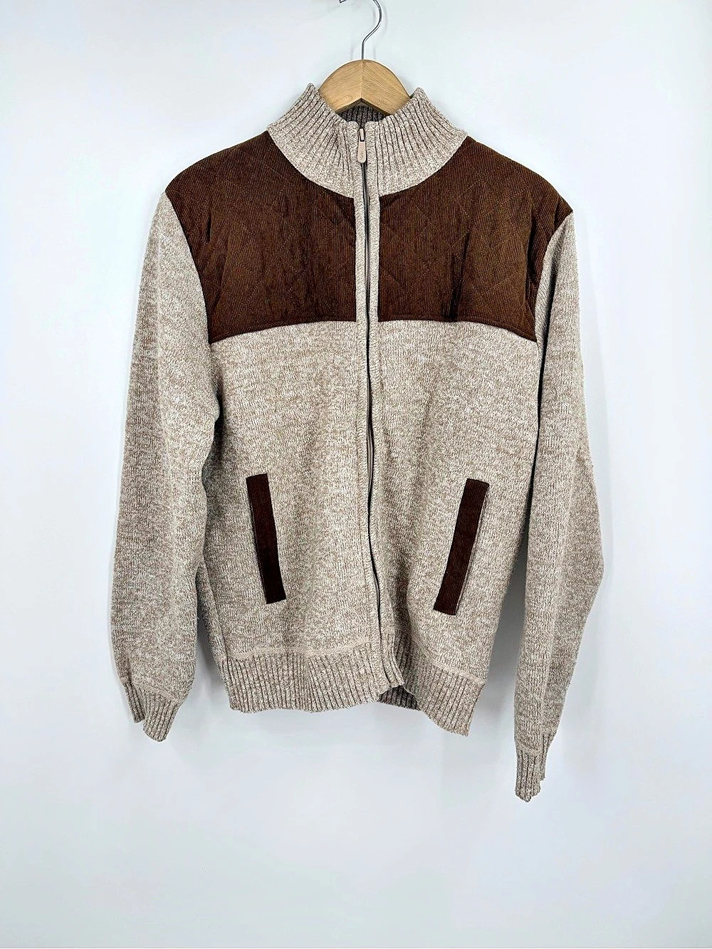 Scott James Men's Full Zip Sweater Oatmeal Corduroy Panel Sz L